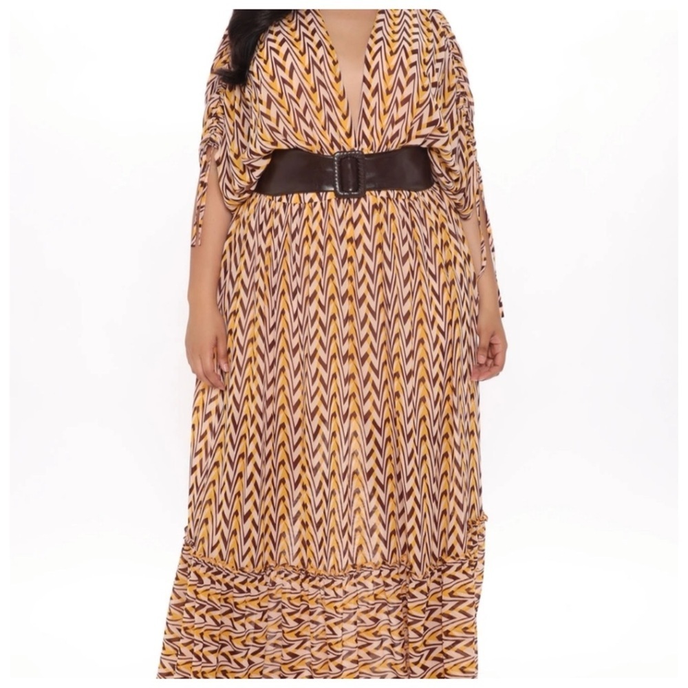 Fashion Nova Breaking Free Maxi Dress Mustard Combo New • Flowy Statement Dress